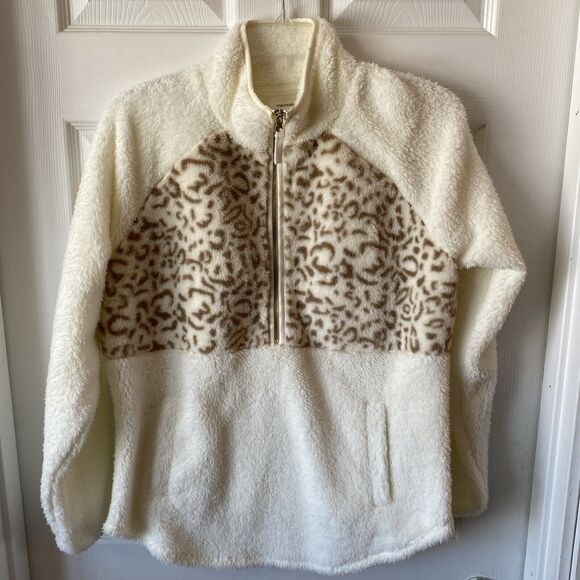 Maurices Jacket Women’s Size Small Faux Fur Animal Print 1/2 Zip Pullover Pocket - Picture 1 of 11